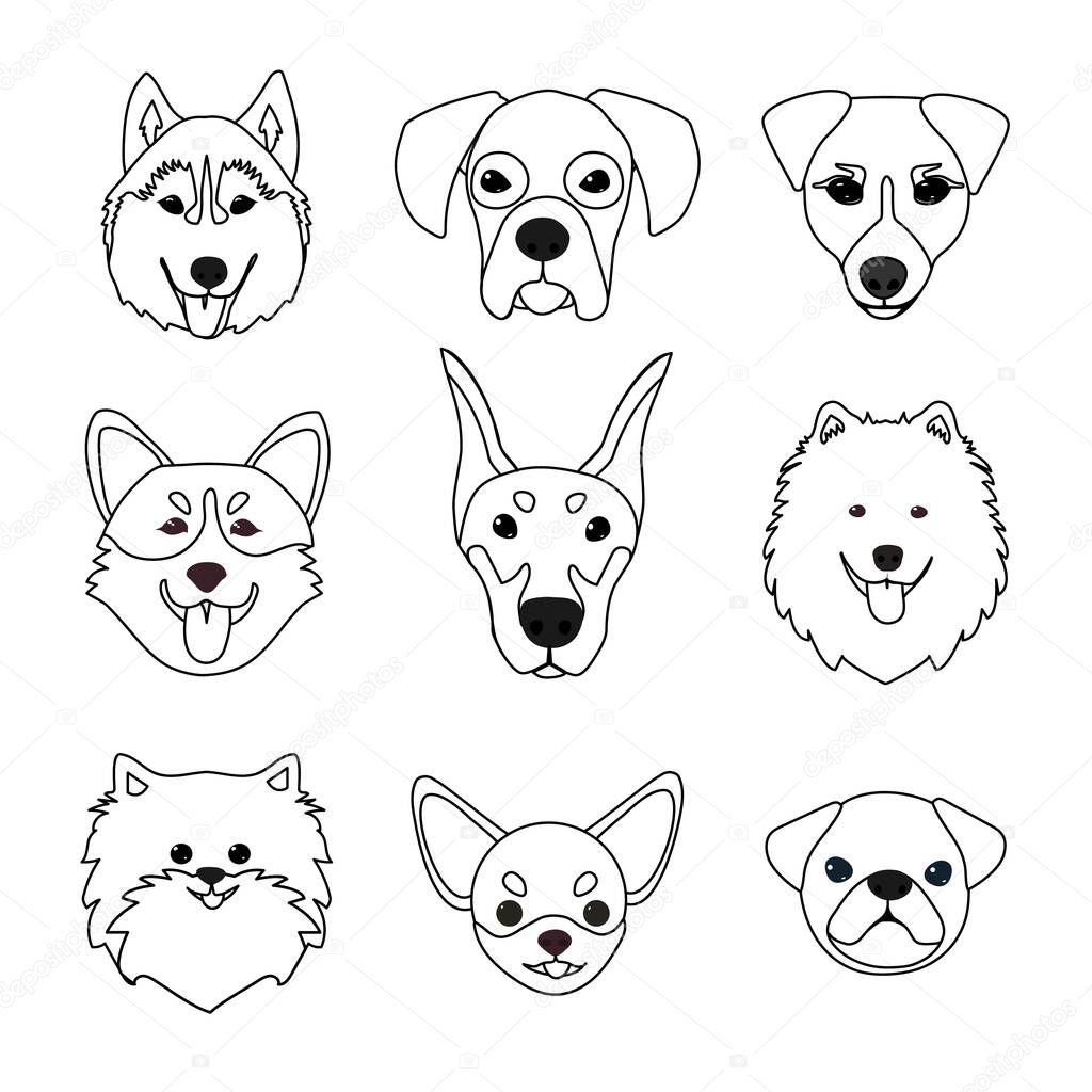 Dog head doodle icons.Vector illustration isolated on white background.