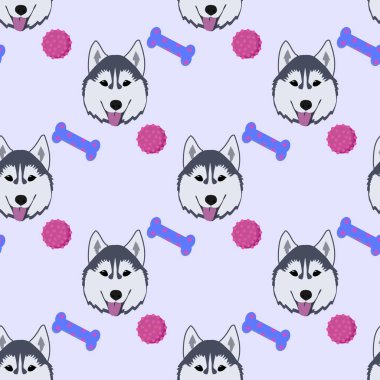 Husky 'nin kusursuz deseni. Köpek suratlı bir arka plan. Vektör illüstrasyonu.