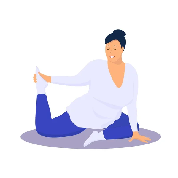Aantrekkelijke plus size vrouw in yoga pose. Concept Ik hou van mijn lichaam. Vector platte illustratie. — Stockvector