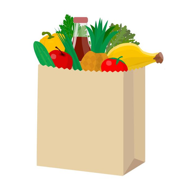 Paper package of fruits or vegetables, onion, banana. Vector illustration in cartoon style.