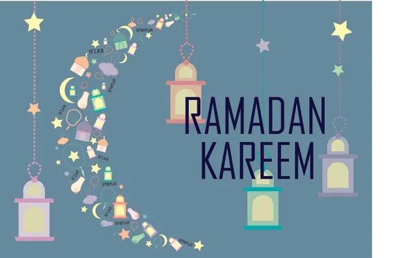 Ramadan greetings card, crescent made of many small ramadan related elements with lanters (fanous) in the background