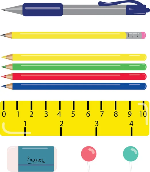 Vector Set Von Schreibwaren Einschließlich Bleistift Farbstift Stift Lineal Radiergummi — Stockvektor