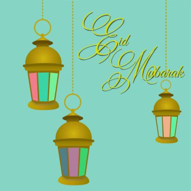 Ramazan fenerleri (fanos) ve Ramazan Bayramı 'nda altın harflerle yazılmış El Fitr bayramı için tebrik kartı..