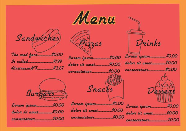 Образец меню быстрого питания с предварительно подобранным шрифтом, линейкой предметов искусства. Комната для бутербродов, бургеров, пиццы, сладостей, напитков и десертов. 