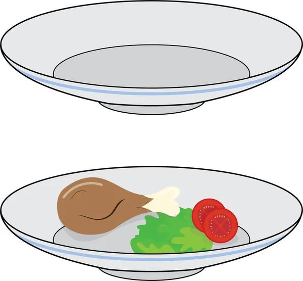 Набор Пустой Тарелки Тарелка Здоровой Едой Включая Кусок Курицы Салат — стоковый вектор