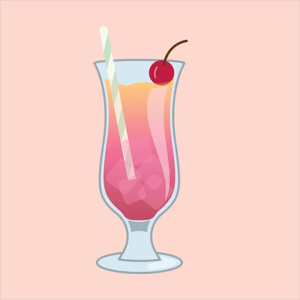 粉红鸡尾酒向量与稻草和冰块 顶部有樱桃或浆果 — 图库矢量图片