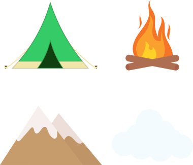 Yeşil bir çadır, kamp ateşi, şenlik ateşi, dağlar ve bulut dahil olmak üzere dört kamp nesnesi. Vektör resmi, minimalist düz tasarım. 