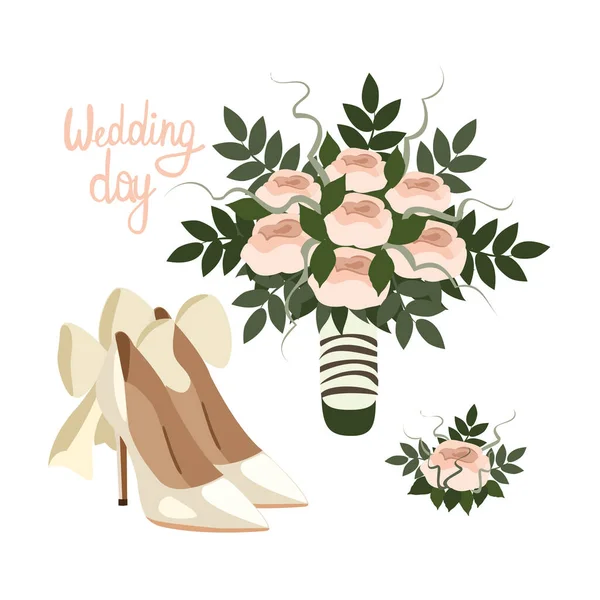 Bouquet Sposa Scarpe Disegnato Mano Cartone Animato Illustrazione Oggetti Nozze — Vettoriale Stock