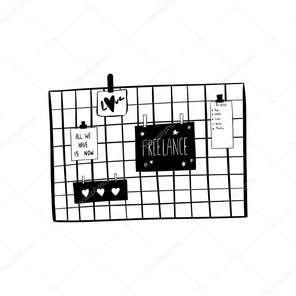 Lattice for postcards and notes. Mood board: illustrated, to-do list, work plan. Vector cartoon flat illustration isolated on white background. Workplace. Office