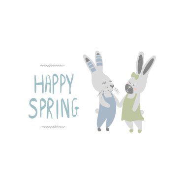 Bir çift şirin tavşan el ele tutuşuyor. Vektör illüstrasyonu kartpostallar, kitap çizimleri ve posterler için iyidir..