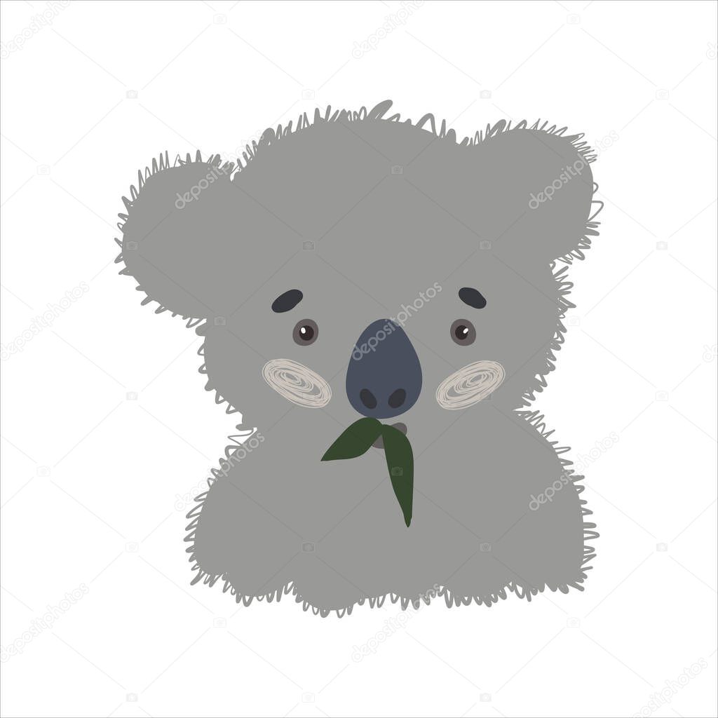 Beautiful, cute koala is hand-drawn cartoon. Chews eucalyptus leaves. Doodle vector stock illustration. Isolated on white background