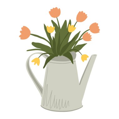 Çiçekli bahçe sulama kutusu, elle çizilmiş karikatür çizimi. Beyaz arkaplanda izole. 