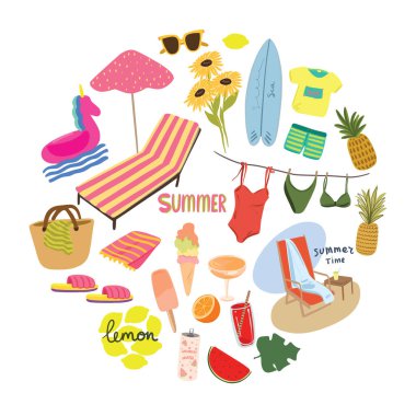 Yaz teması üzerine bir dizi klitoris. Vektör çizimleri elle çizilir. 