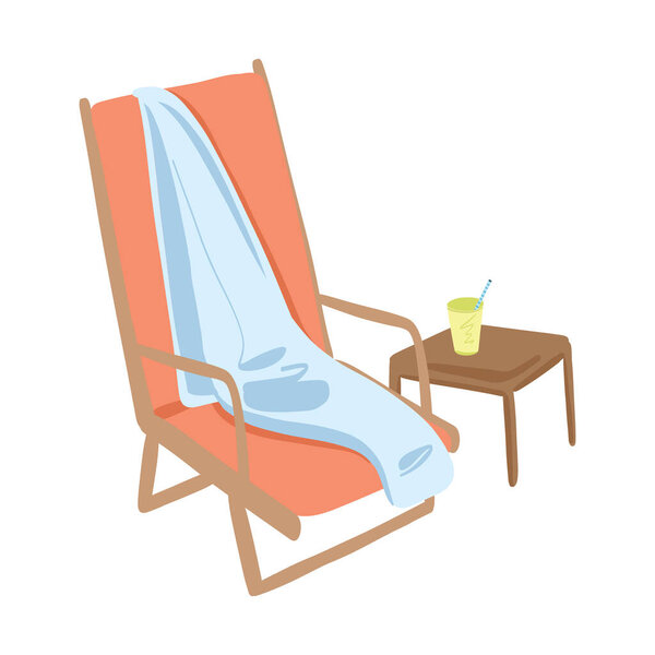 Rest by the sea. Chaise lounge, drink on the table. Beach season, hand lettering Summer time. Drawn by hand in a cartoon style. Vector illustration isolated on white background. Use for travel banners, posters
