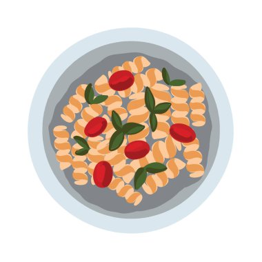 Fesleğen ve domatesli makarnanın vektör çizimi, el yapımı çizgi film tarzı. Beyaz arkaplanda izole. 