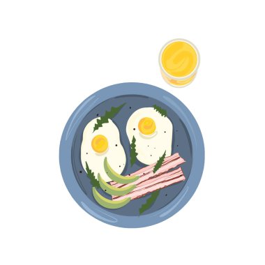 Plate with avocado slices, scrambled eggs, arugula, bacon slices. Glass of orange juice. Breakfast time concept. Cartoon style illustration. Vector vector Plate with avocado slices, scrambled eggs, arugula, bacon slices. Glass of orange juice. Breakfast time concept. Cartoon style illustration. Vector vector
