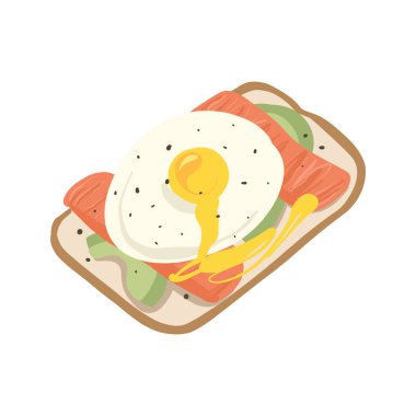 Yumurta, alabalık ve avacado ile kahvaltıda lezzetli tostun çizgi film çizimi. Kızarmış ekmek, öğle yemeği, akşam yemeği.