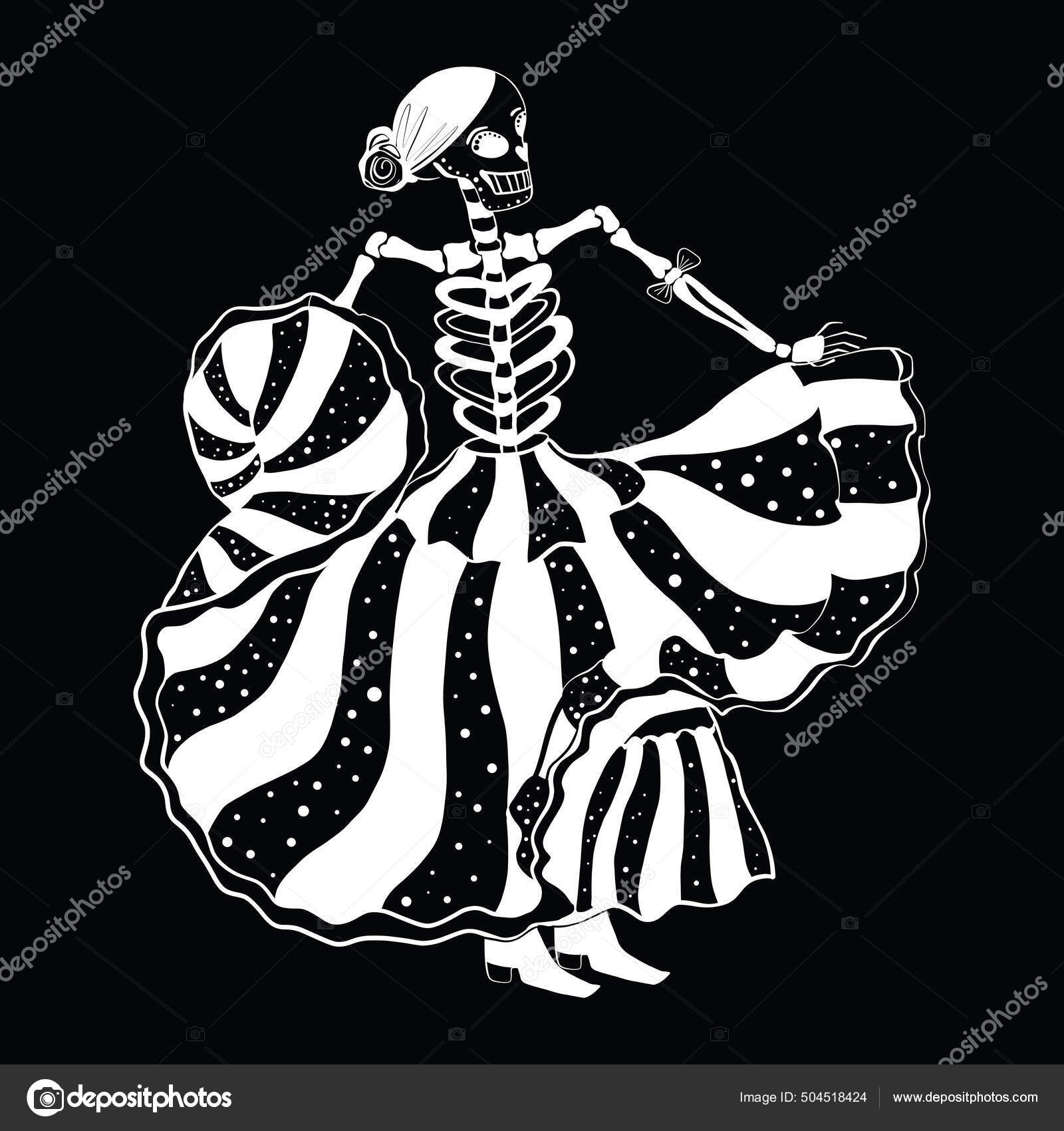 死者の日 踊りのドレスで女性の骨格 黒の背景に白い輪郭を描く 伝統的なメキシコの休日 Dia Los Muertos ストックベクター  ©Karyna91 504518424, image size:1600x1700