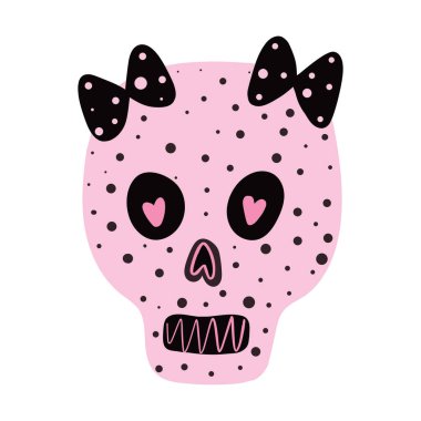 Karalama tarzında çizilmiş şirin pembe kafatası. Cadılar bayramı için komik bir illüstrasyon, ölüler günü. ..