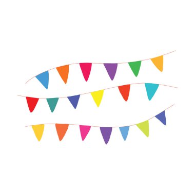 Renkli bayrakların şenlikli çelengi. Çizim tarzında çizilmiş şirin vektör çizimi. Beyaz arkaplanda izole edilmiş şölen dekoru 