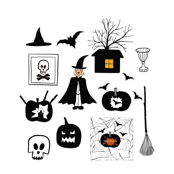 Set of illustrations for the holiday Halloween: Pumpkins, knives, spider webs, bat, skull and bones, old broom. Doodle vector