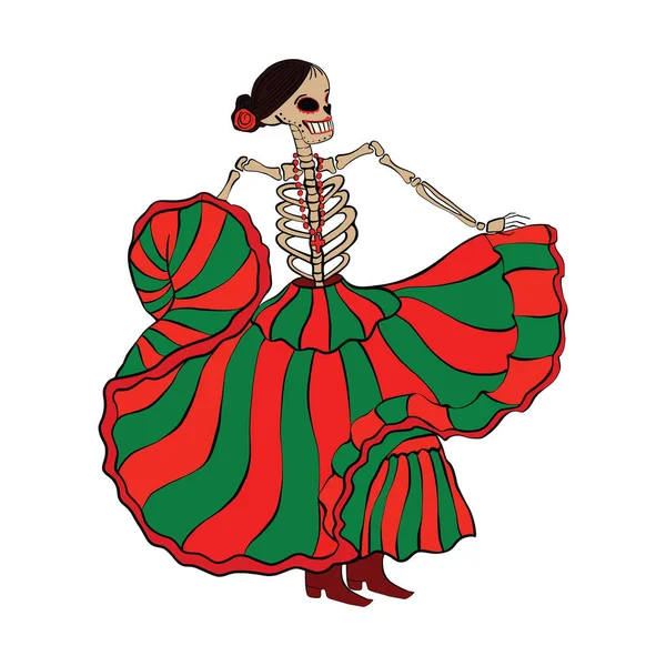 Skeleton Woman Mexican Dress Dancing Day Dead Vector Illustration Traditional — Stock Vector