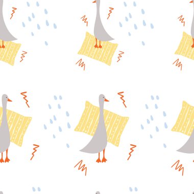 Şirin kazlar ve yastık el çizimi vektör illüstrasyonuyla basit, pürüzsüz desenli tasarım. Tekstil, kağıt, bebek eşyaları için kullanılıyor.