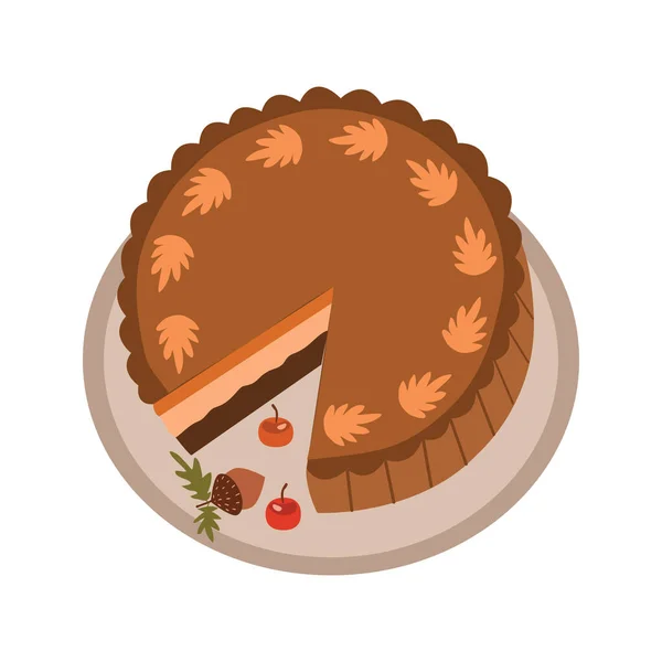 Тыквенный Пирог Украшенный Листьями Ягодами Осенний Торт Блюдечке Морковный Пирог — стоковый вектор