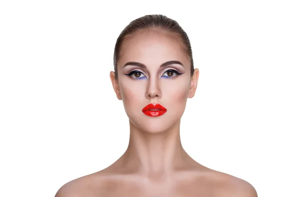 Kobieta z czerwonymi ustami i makijaż — Zdjęcie stockowe