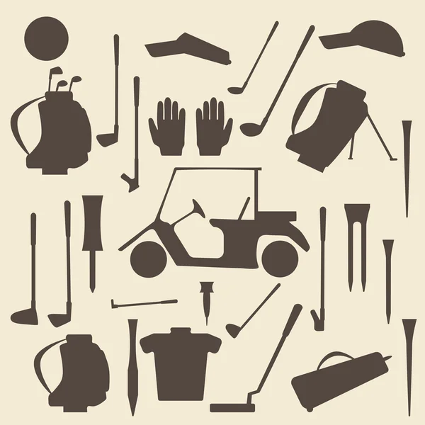 高尔夫运动用品剪影图标集。驱动程序、 木、 铁、 楔、 推杆高尔夫俱乐部和购物车。T 恤和手套。编辑和设计适合. 图库矢量图片