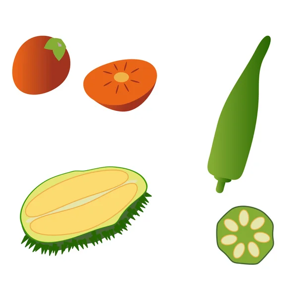 榴莲、 柿子和孤立的白色背景上的黄秋葵。编辑和设计合适的向量图. 矢量图形