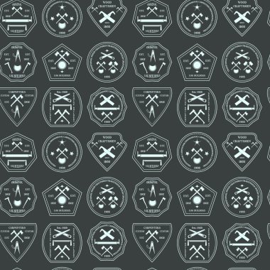 Logo inşaat ve doğrama sanayi sorunsuz doku için ayarlayın. Tasarım öğeleri. Doğal günlük üreticileri ve ahşap ustaları için logo. Vektör çizim.  