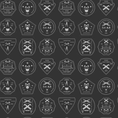 Logo inşaat ve doğrama sanayi sorunsuz doku için ayarlayın. Tasarım öğeleri. Doğal günlük üreticileri ve ahşap ustaları için logo. Vektör çizim. 