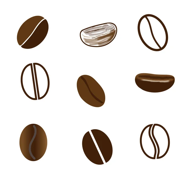 Девять кофейных зерен в разных стилях . — стоковый вектор