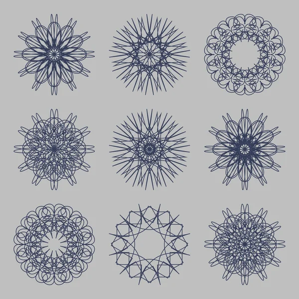 Round ornament set. Circle, snowflake and floral ornament linear vector illustration. Logo template. — Stock Vector