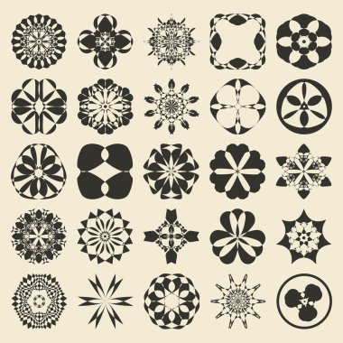 25 design  element set. Twenty five sample object collection.  Round, floral,  geometrical, tribal and ethnic motif ornament. Editable and color ready.