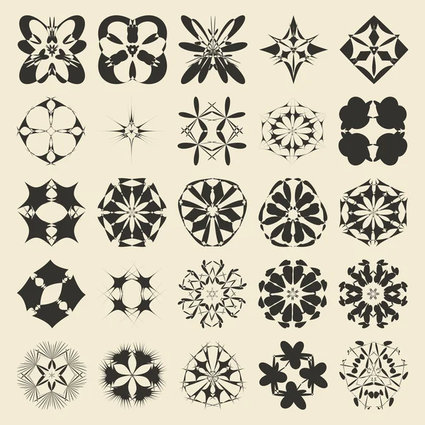 25 conjunto de elementos de ornamento redondo y poligonal. Veinticinco colección de objetos de muestra monocromáticos. Reloj circular, floral, oriental, geométrico, grunge motif . — Vector de stock