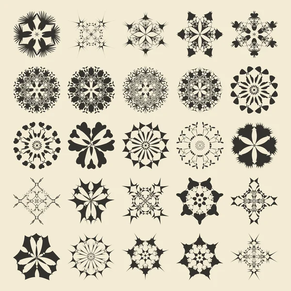 25 runde und polygonale Zierelemente. fünfundzwanzig monochrome Musterobjektsammlung. kreisförmig, blumig, orientalisch, geometrisch, Grunge-Motiv. — Stockvektor