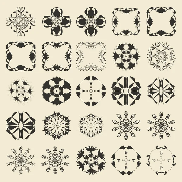 25 kulatých a polygonálních ozdob. Dvacet pět monochromatických ukázkových kolekcí objektů. Kruhový, květinové, orientální, geometrický, Grunge motiv. Stock Vektory