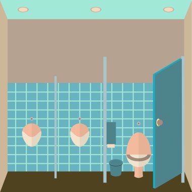 Tuvalet iç vektör çizim. Genel lavabo düz tasarım stili içinde. Erkekler tuvaleti tasarım şablonu. WC görünümü.