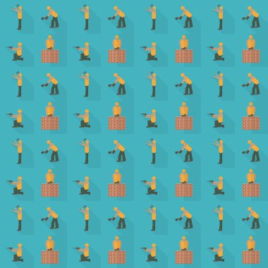 Construction worker seamless pattern. Design template vector illustration. Mason with trowel endless background. Laborer with hammer seamless texture. Builder with  grinder.