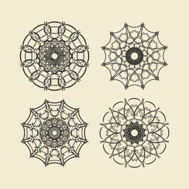 Yuvarlak süsleme ayarlayın. Daire ve çiçek süsleme doğrusal vektör çizim. Logo tasarım şablonu.