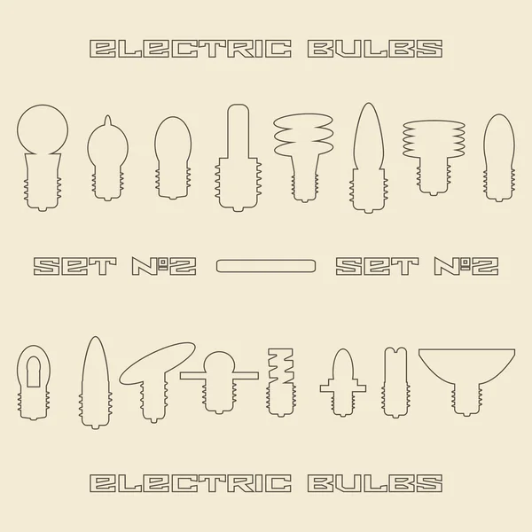 Diferentes tipos de lâmpadas elétricas conjunto ícone linear. Desenho modelo ilustração . — Vetor de Stock
