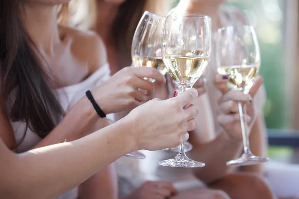 Happy vänner rosta vin — Stockfoto