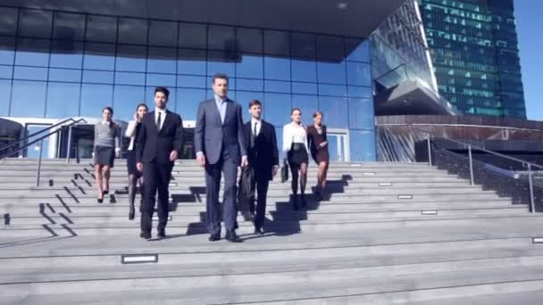 Business people walking down stairs — Stock Video