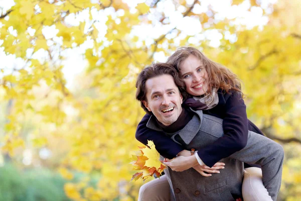 夫妇在片秋色的公园中拥抱 — 图库照片