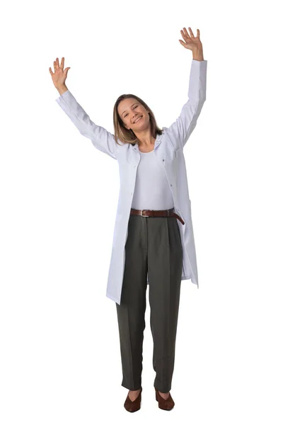 Молода Жінка Лікар Стетоскопом Піднятими Руками Ізольовані Білому Тлі Повнометражний — стокове фото