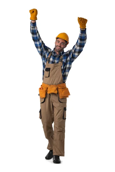 Young Contractor Worker Coveralls Hardhat Raised Arms Isolated White Background — Stock Photo, Image