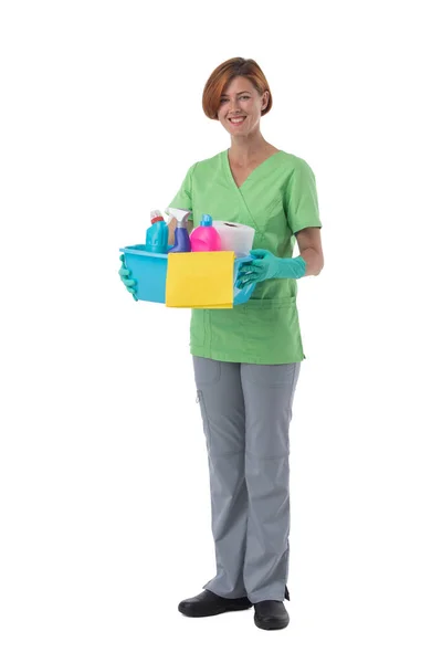 Mujer Más Limpia Con Contenedor Aerosol Detergente Aislado Sobre Fondo —  Fotos de Stock