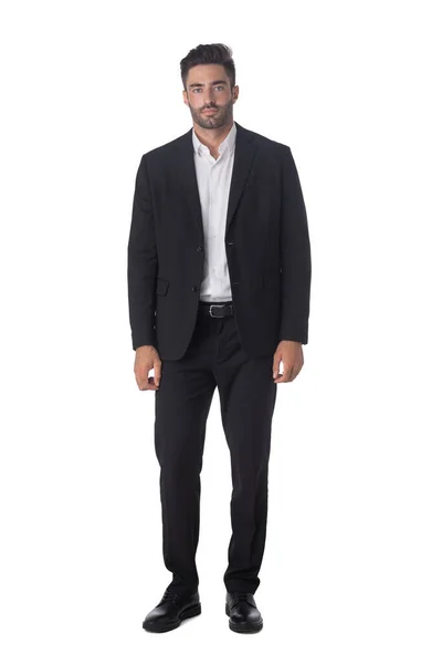 Full Length Portrait Young Handsome Business Man Black Suit Studio — Stock Photo, Image